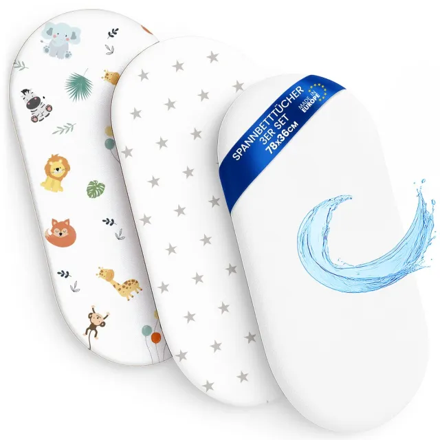 Totsy baby Hoeslaken Kinderwagen Baby Hoeslakenset Set van 3: 36x78 cm - 2x lakenset + 1x waterdichte matrasbeschermer - Babybed Accessoires voor Kinderbedje Aanschuifbed Wiegje 36 x 78 Safari wit
