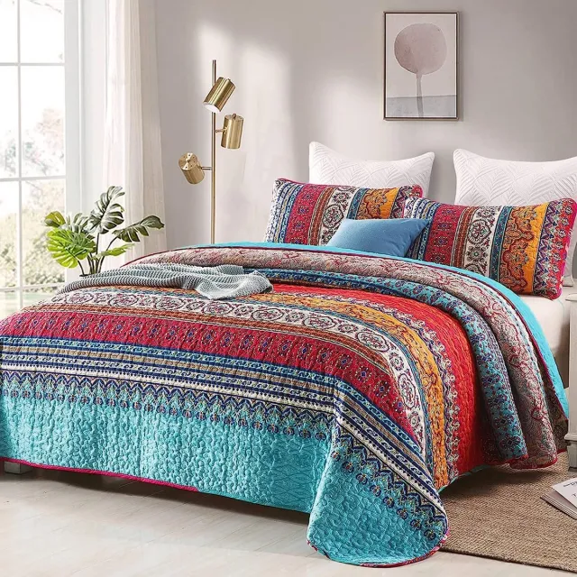 Ibenzoa Bohemian Stijl Volledig Dekbedovertrekset in Blauw met Gestreept Design, 3-delig, Zacht en Lichtgewicht kleurijk