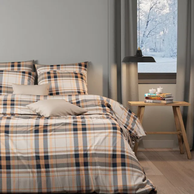 Mistral Home DEKBEDOVERTREK - flanel - 140 x 200 cm + 65 x 65 cm - eenpersoons - ruiten - Écru Écru/Grijs/Oranje/Beige