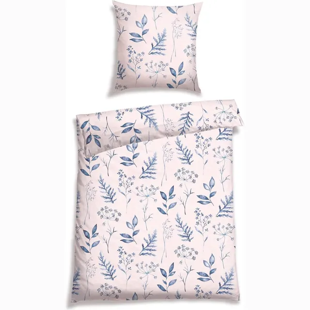 Schiesser Beddengoedset Aimee van zacht katoen in filigraan botanische print op zacht roze, kleur: roze en blauw, afmetingen: 135 x 200 cm + 80 x 80 cm Kleurjik