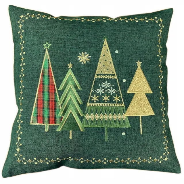 DeHome Kerst Kussenhoes 40x40 cm - Gouden Kerstbomen Groen met gouden accenten