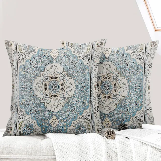 Famanu Set van 2 decoratieve boho kussenhoezen, 40 x 40 cm, voor woonkamer en slaapkamer, sky blue Neutraal