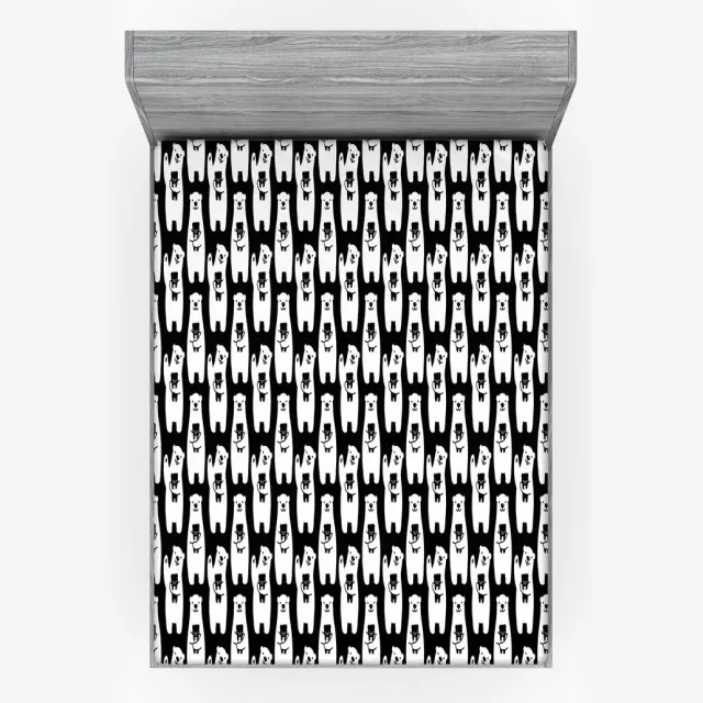 ABAKUHAUS Cartoon Fitted Sheet, Monochrome Happy Bears Art, zacht stof beddengoed rondom elastiek, 160 x 200 cm, antraciet grijs wit Anthracite Grijs Wit