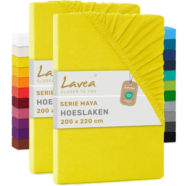 lavea Set van 2 Hoeslakens 200x220 cm – 100% Zacht en Ademend Katoen – voor Dikke Matrassen tot 35 cm – Jersey met Elastiek rondom – Zonnegeel