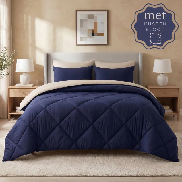 Sleep comfy Reverse Dekbed - 140x200 cm - Navy & Sand - met 1 Kussensloop 60x70 cm- Dekbed zonder overtrek - Ademend & Anti Allergie - Hoesloos Dekbed - Stijl, Comfort en Innovatie voor Elke Dag & Nacht - Camping & In de Caravan