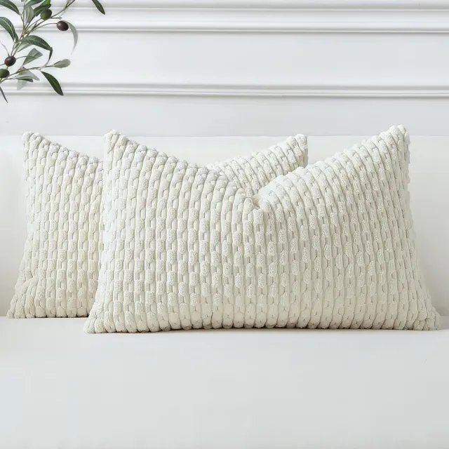 Ibenzoa Set van 2 decoratieve corduroy kussenslopen in crèmewit voor bank en slaapkamer Creme