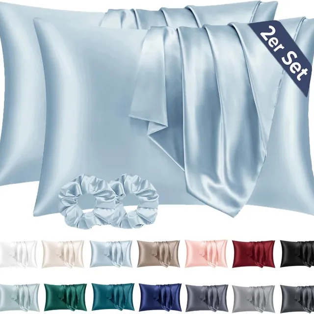 Famanu Satijnen kussenslopen set van 2, 40 x 60 cm, voor haar, lichtblauw, met 2 satijnen scrunchies Neutraal
