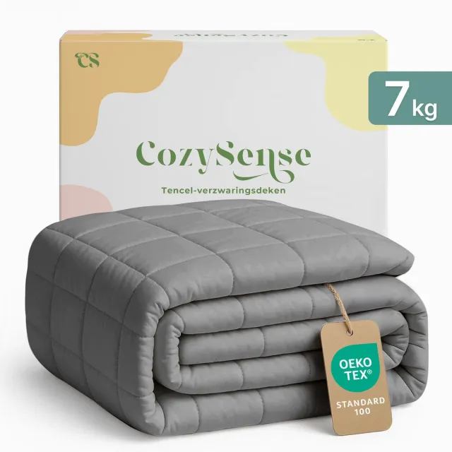 CozySense Verzwaringsdeken 7kg - 135x200cm - Zwaartedeken met temperatuurregulatie - 100% Tencel - Weighted Blanket met GLASS-Flow® Drukverdeling - Grijs
