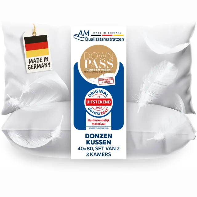 AM Qualitätsmatratzen DormiGood - Premium donskussen 40 x 80 cm 100% natuurlijk Set van 2 - 3 compartimenten hoofdkussen 80x80 1080g extra zacht - Hoogwaardig inlegwerk van katoen Wit