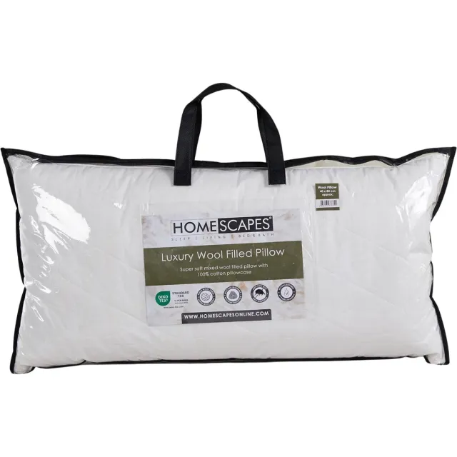 Homescapes Schapenwol hoofdkussen 40x80 cm - medium-zacht kussen met wollen vulling & gewatteerde hoes Creme