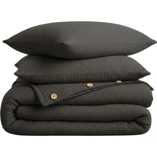 Dekbedovertrek, 4-laags Mousseline, 100% Katoen, Tweepersoons, 200x220 cm, Inclusief Hoeslaken & 2 stuks Kussenslopen 60x70 cm, Antraciet, Knoppen van Kokosnoot, Ademend&Comfortabel, Dekbedovertrekset, Hoge Kwaliteit, Dekbedovertrekken, De Linde Home