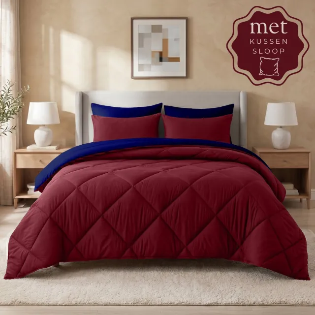 Sleep comfy Reverse Dekbed - 140x200 cm - Bordeaux & Navy - met 1 Kussensloop 60x70 cm- Dekbed zonder overtrek - Ademend & Anti Allergie - Hoesloos Dekbed - Stijl, Comfort en Innovatie voor Elke Dag & Nacht - Camping & In de Caravan Navy & Bordeaux