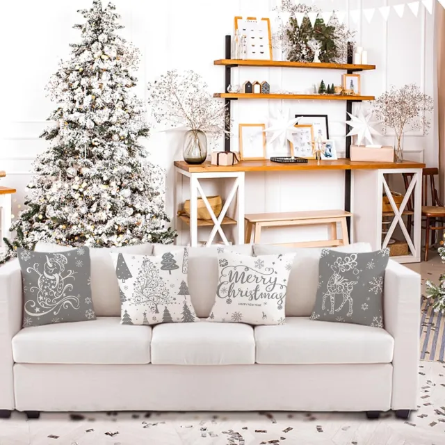 Unyqoos Set van 4 decoratieve kussenhoezen met kerstmotieven voor feestelijke sfeer Grijs