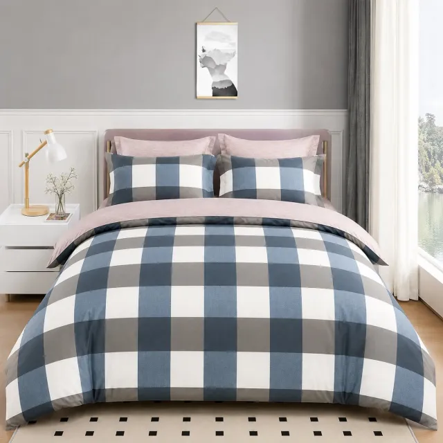 MeiLun Home Loom Check Dekbedovertrek – 260 x 220 cm – 180 x 200 cm + 32cm Hoeslaken+ 2 kussenslopen van 50 × 70 cm – Harbor Check – Lits – Jumeaux