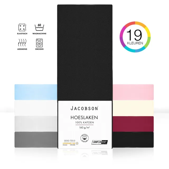 JACOBSON PREMIUM - Jersey Hoeslaken - 160x200cm - 100% Katoen - tot 23cm matrasdikte - Zwart