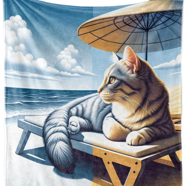 ABAKUHAUS Zachte flanellen fleece deken met kattenprint, zonnebadend kitten op het strand, knusse pluche plaid, 125 x 175 cm, licht mosterdblauw Donker Taupe Cadetblauw
