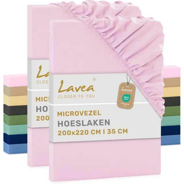 lavea Set van 2 Hoeslakens 200x220 cm – zachte en ademende microvezel – voor matrassen tot 35 cm – met elastiek rondom – oeko-tex gecertificeerd – Roze