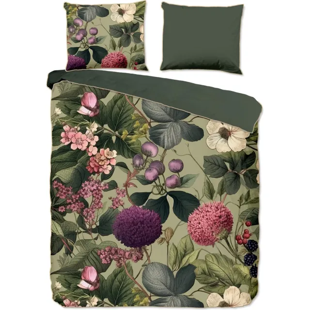 Descanso dekbedovertrek bloemen & bladeren - 2 persoons 200x200/220 cm - Groen - 100% Katoen satijn Green