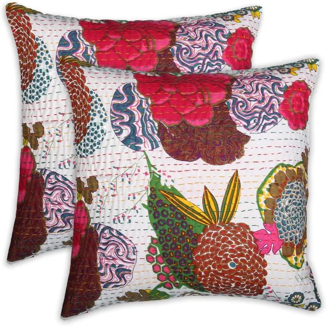 Ibenzoa Twee Katoenen Sierkussenhoezen 40x40 cm met Traditionele Kantha Stof, Wit kleurrijk