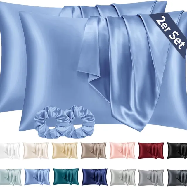 Vellaro Satijnen kussensloop - Blauw - 50 x 70 cm - Satijn polyester - Set van 2 met haarelastiekjes