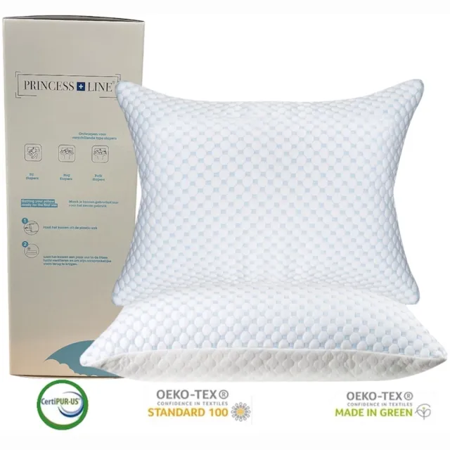 Princess Line Hoofdkussen - Hoofdkussen Traagschuim - Hoofdkussen Nekklachten - Pillow - 30 dagen proefslapen - Slaapkussen - Versnipperd Traagschuim - Verkoelende Technologie -Verstelbaar -Perfect voor Zij, Buik en Rug Slapers 50x70cm Set 2Stuks Wit & Blauw