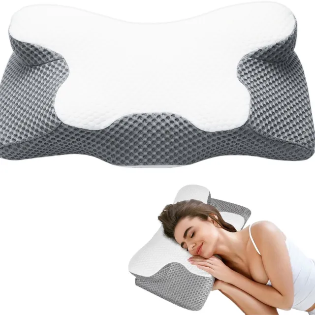 Wishdor Ergonomisch Traagschuim Kussen - Orthopedisch Hoofdkussen tegen Nekklachten - Contourkussen voor Zij, Rug- en Buikslapers - Wit/Grijs