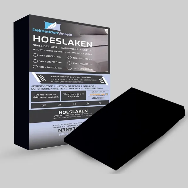 dekbeddenwereld Jersey Stretch Hoeslaken - Extra Stretch Jersey Hoeslaken voor Matrassen – Premium Zacht, Ademend en Duurzaam met Elastiek Rondom voor een Veilige, Kreukvrije Pasvorm en Dagelijks Slaapcomfort - zwart - 160 cm x 200 cm