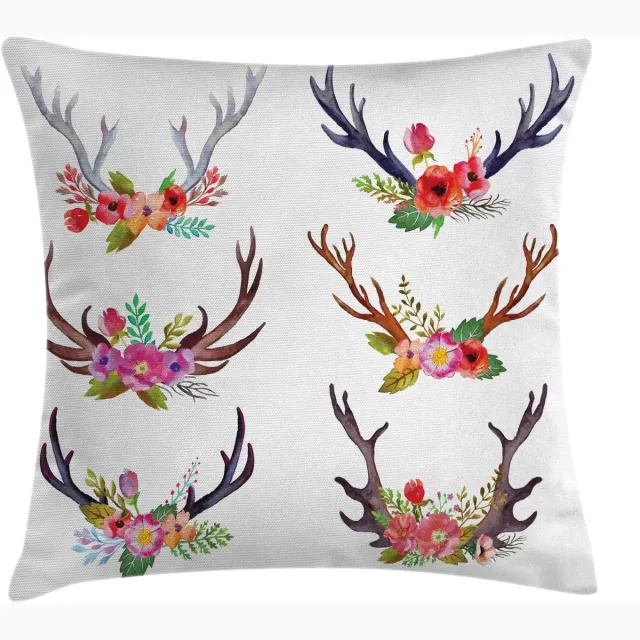 ABAKUHAUS Gewei-kussenhoes – Bloemen en dieren – 40x40 cm – wasbaar Wit