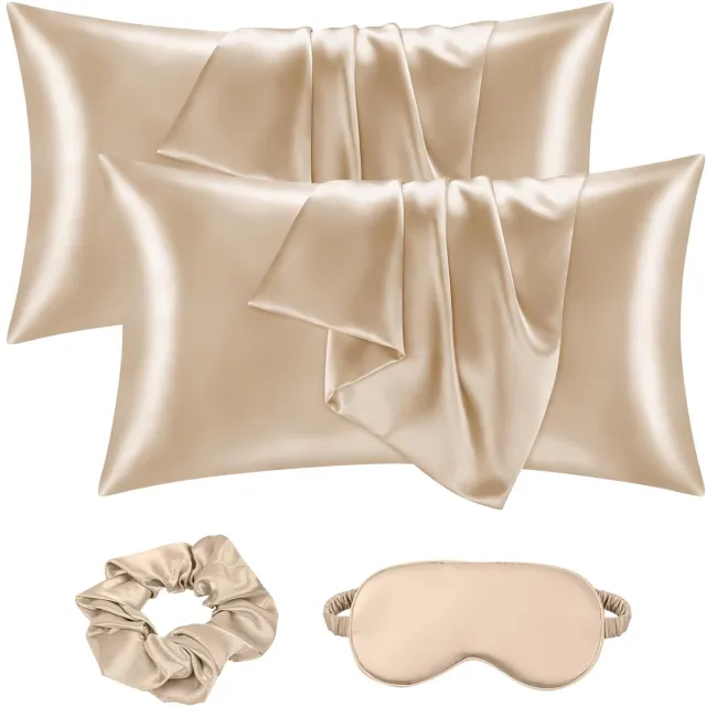 Famanu Set van 2 satijnen kussenslopen van 40 x 80 cm, zacht als zijde, goed voor haar en huid, inclusief haarbandjes en oogmasker Zwart