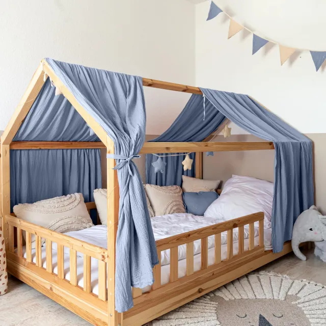 Lilimaus Huisbed hemeltje - set van 2 banen - bedhemel voor huisbed - 135x270 cm - mousseline katoen - blauw