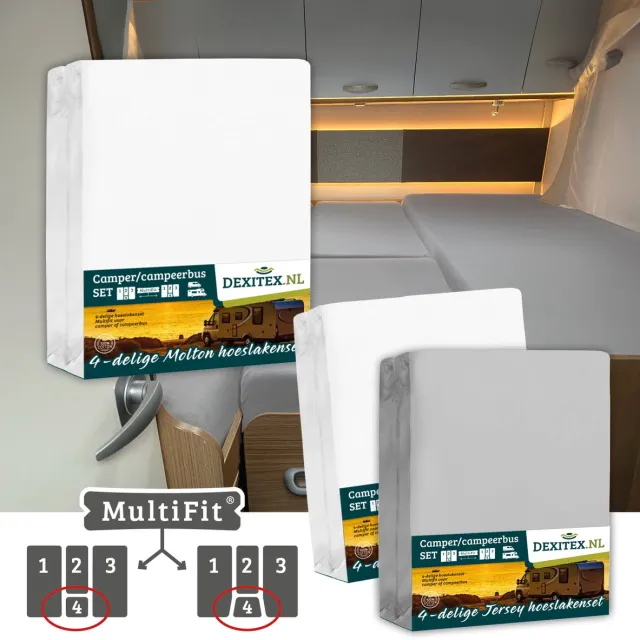 dexitex 1 x Molton 1 x Hoeslaken Wit + 1 x Hoeslaken Licht grijs / 4 delige set-Geschikt voor Camper lengtebedden of enkele bedden 1 x molton / 1 x hoeslakens Wit / 1 x hoeslakens Lichtgrijs
