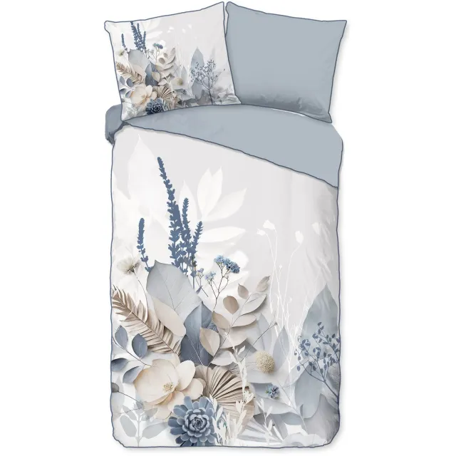 Descanso dekbedovertrek bloemen en bladeren - 1 persoons 140x200/220 cm - Grijs - 100% Katoen satijn