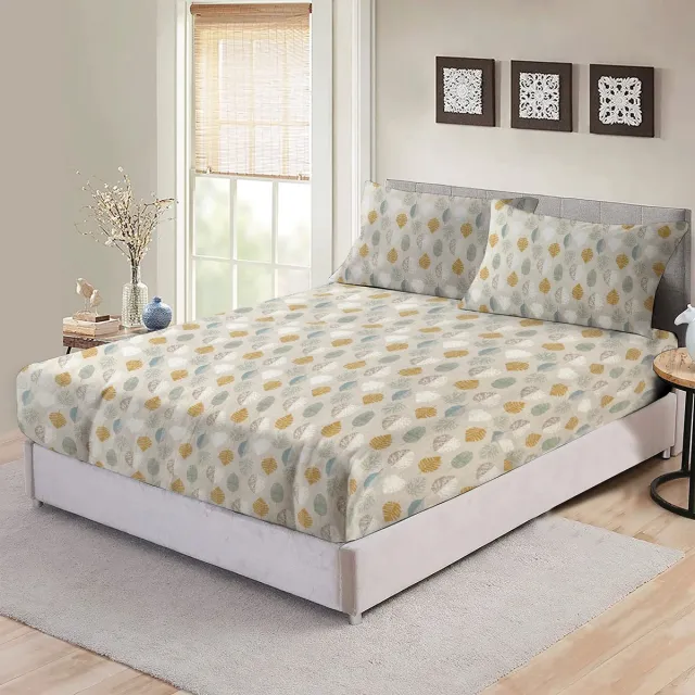 BED GLOW & APPAREL Flanel Hoeslaken en 2 Kussensloops Set – 100% Flanel – 140x200 cm + 60x70 cm – Zacht, Duurzaam & Huidvriendelijk –Ideaal voor Elke Slaapkamerstijl - Bladeren patroon groen