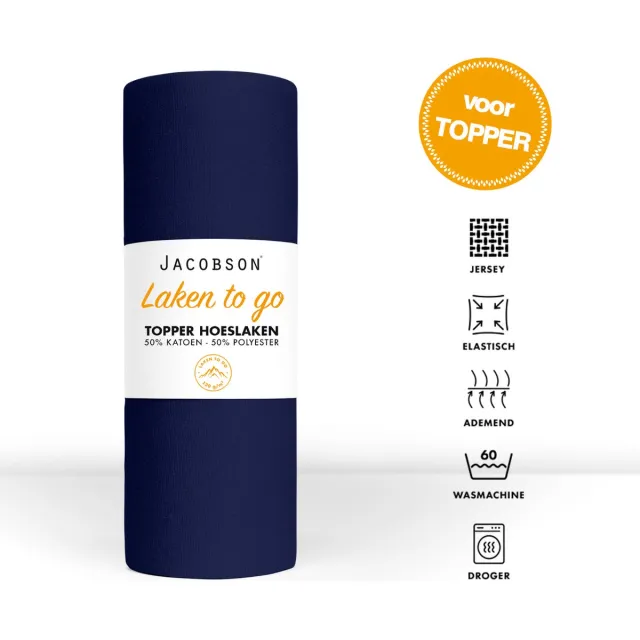 JACOBSON Hoeslaken Topper - 200x200cm - Jersey Katoen - tot 10cm matrasdikte - Donkerblauw