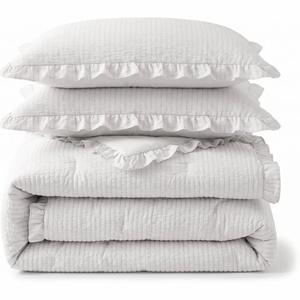 W seersucker dekbed zonder overtrek met kussensloop Lazy - ruffles off-white, foto 4
