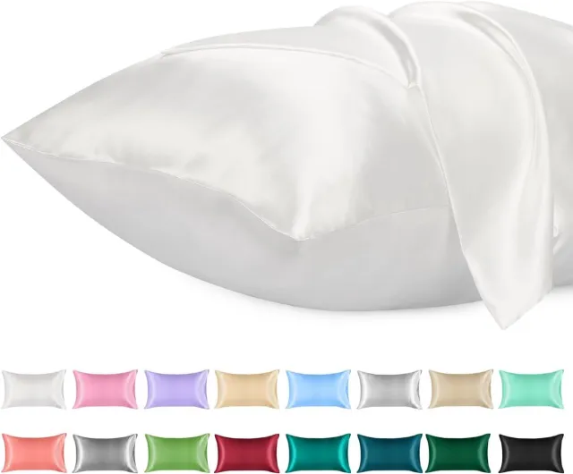 Famanu 2 pack satijnen kussenslopen, standaard formaat zacht effen kleur microfiber satijnen kussensloop, envelop sluiting kreukvrij vervagingsbestendig ademend, wit