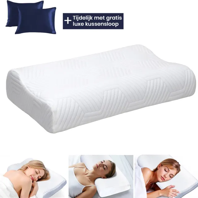 ErgoLuxe Alura – Ergonomisch Kussen – Hoofdkussen met Neksteun voor Zij- & Rugslapers – 2 Hoogtes 8/10 cm – Verkoelende Werking – Traagschuim Kussen – Inclusief Kussensloop Wit