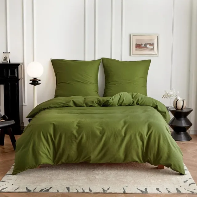 JGS Ademend Linnen-Katoen Beddengoed Set, Zomerbeddengoed, 200x200 cm, Donkergroen