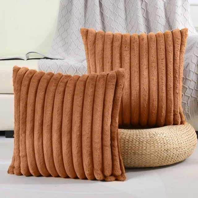 FloraGrace Kussenslopen – Sierkussensloop Set Van 2 Met Zachte Fluwelen Kussenslopen, Gestreept En Decoratief Voor Woonkamer En Sofa – Bruin – 50x50 cm