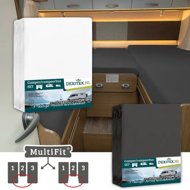 dexitex 1 x moltonset 1 x hoeslakenset ANTRACIET 3-delige set / Lengte bedden/Enkele bedden / Caravan Camper