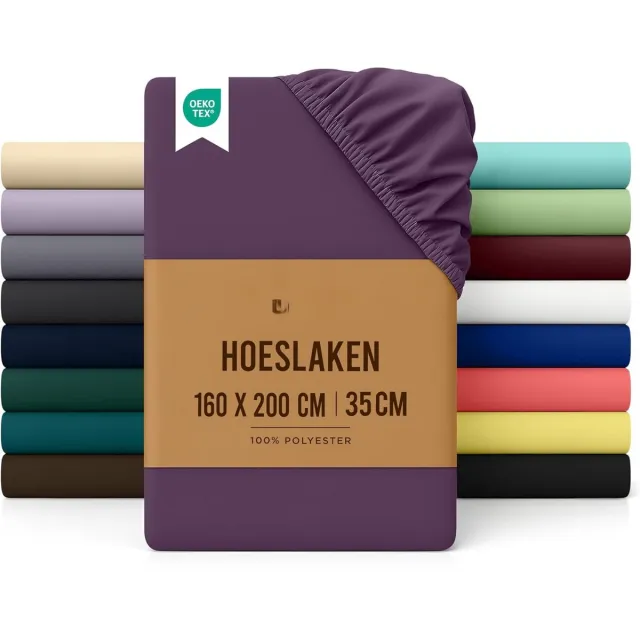 PromoHome Geborsteld Microvezel Hoeslaken Tweepersoonsbed 160x200 cm - Paars - Elastische Hoeken - Krimp- en Kleurvast - Wasmachine Bestendig