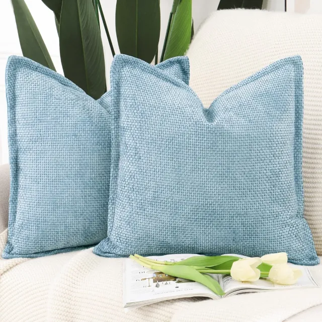 Ibenzoa Set van 2 Luxe Zachte Chenille en Fluwelen Kussenhoezen met Stijlvolle Rand, 45x45 cm, Lichtblauw