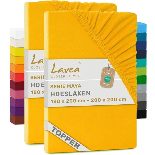lavea Set van 2 Hoeslakens voor Topper 180x200 cm – 100% Katoen Jersey – voor Topmatras tot 10 cm – met Elastiek Rondom – Goudgeel