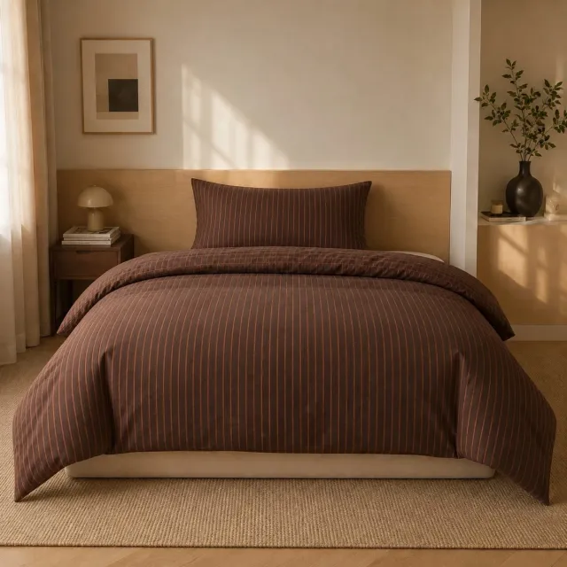 Lano&Go Beddengoedset 155x220 cm Bruin Gestreept - Microvezel Dekbedovertrek met Ritssluiting en 1 Kussensloop 80x80 cm - Allergievriendelijk & Oeko-Tex Gecertificeerd