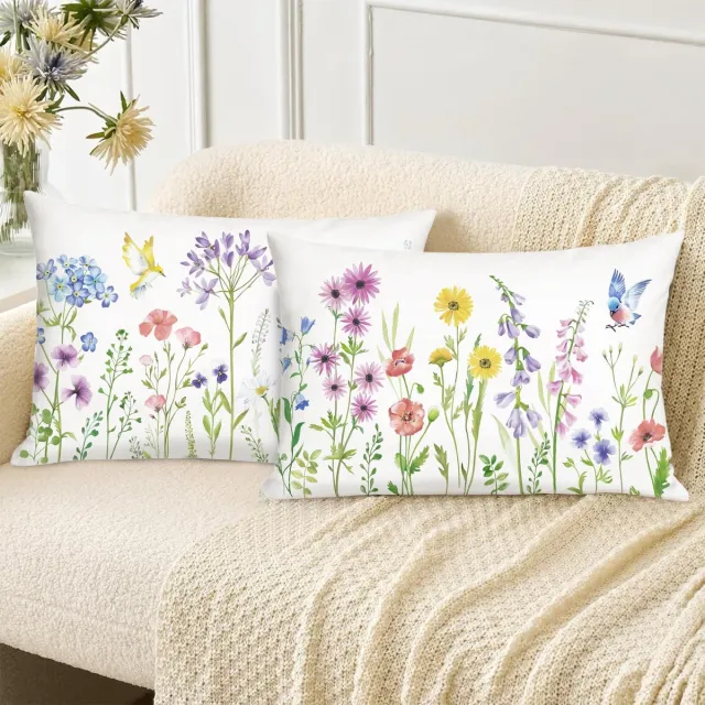 Ibenzoa Set van 2 decoratieve kussenslopen met tuinbloemen en vogels voor een elegante uitstraling kleurijk