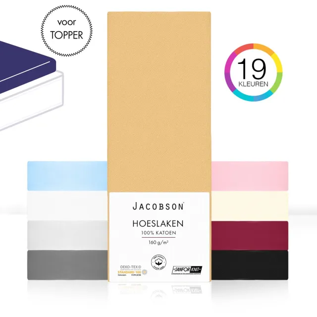 JACOBSON Hoeslaken Topper – 100% Jersey Katoen – 200x200 cm – Beige