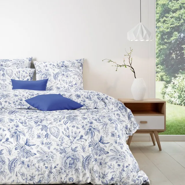 Mistral Home DEKBEDOVERTREK - katoen renforcé - 260 x 240 cm + 2x 65 x 65 cm - extra breed - botanisch - wit Wit/Blauw