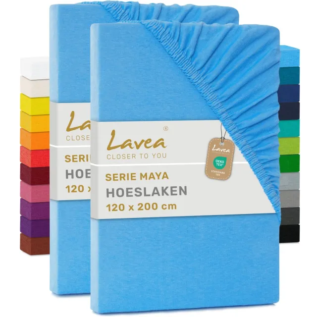 lavea Set van 2 Hoeslakens 120x200 cm – 100% Zacht en Ademend Katoen – voor Dikke Matrassen tot 20 cm – Jersey met Elastiek rondom – Hemelsblauw