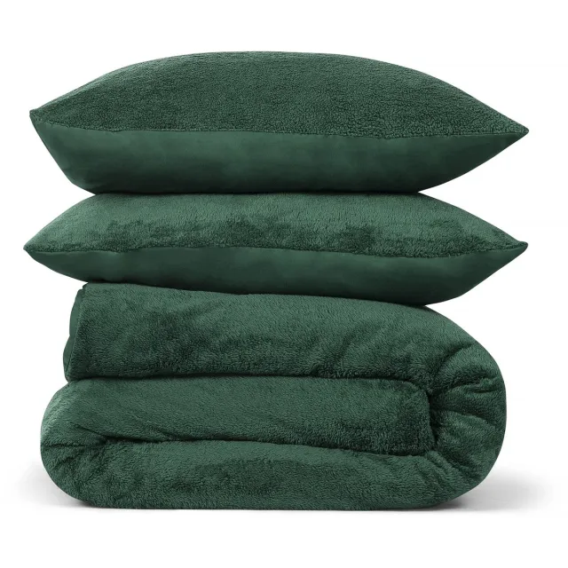 DoubleDry Dekbedovertrek Teddy Fleece - Lits Jumeaux 240x220 cm + 2 Kussenslopen - Zacht & Huidvriendelijk - Groen