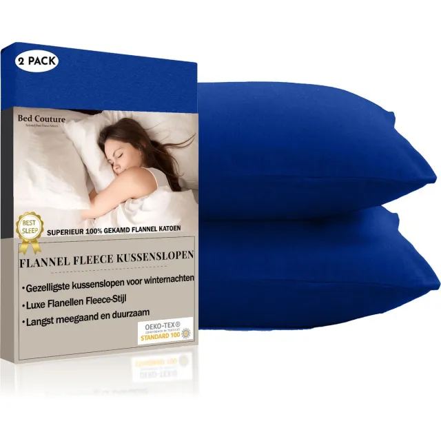 Bed Couture Flanel Fleece Kussenslopen - 100% Katoen Extra zacht en Warm - Set van 2 - 80x80 Cm - Koningsblauw